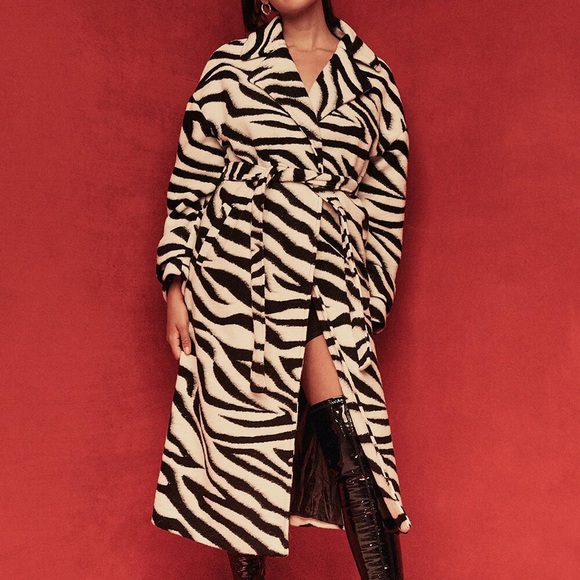 Boohoo Zebra Belted Wool Look Coat - Picture 3 of 15